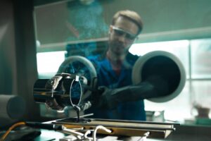 Student using metal tongs to pour molten material into flat mold.